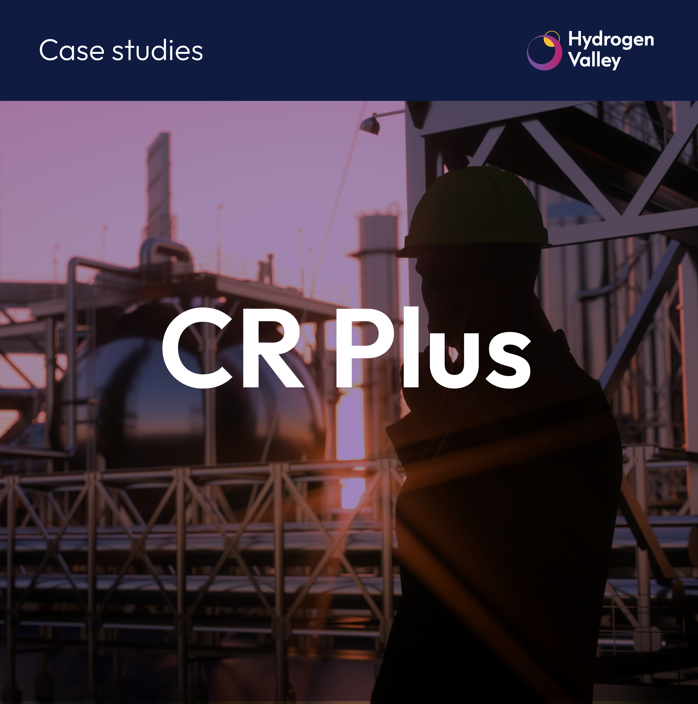 CR Plus case study thumbnail, with a picture of a worker on a construction site in the background